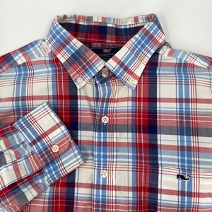 Vineyard Vines Men's Large Shirt Tucker Slim Fit Red White‎ Blue Plaid